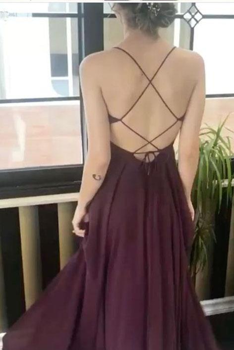 spaghetti straps grape backless prom dress cross back long evening dress