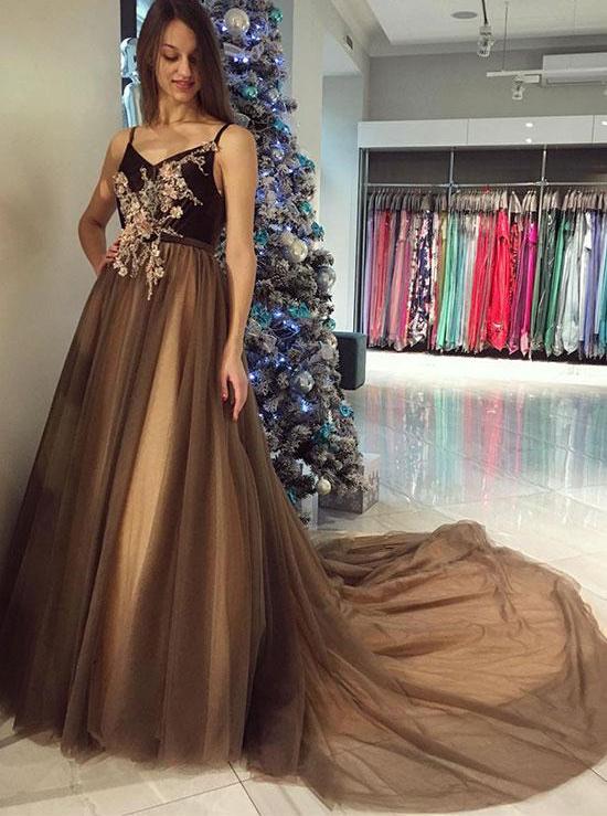 spaghetti straps v neck tulle chocolate long prom dress sweep train