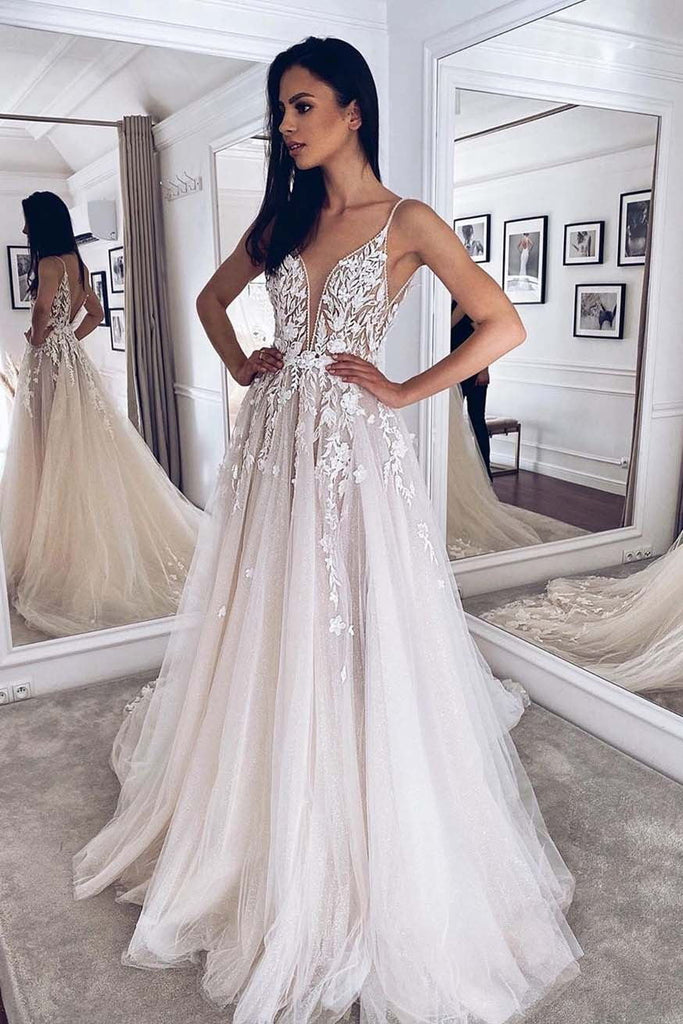 spaghetti straps a line tulle v back boho wedding dress applique wedding gown