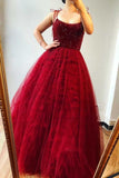 spaghetti straps beaded bodice long burgundy prom dresses evening gown