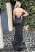 sparkly spaghetti straps black mermaid sequins long prom dress with split