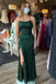 spaghetti straps emerald green mermaid sequins prom dresses long slit formal dresses