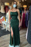 Spaghetti Straps Emerald Green Mermaid Sequins Prom Dresses, Long Slit Formal Dresses GP403