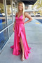 Spaghetti Straps Hot Pink Simple Satin Evening Gown Slit Prom Dress GP332