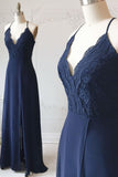Spaghetti Straps Lace Navy Blue Prom Dresses, Elegant Wedding Party Dresses GP202