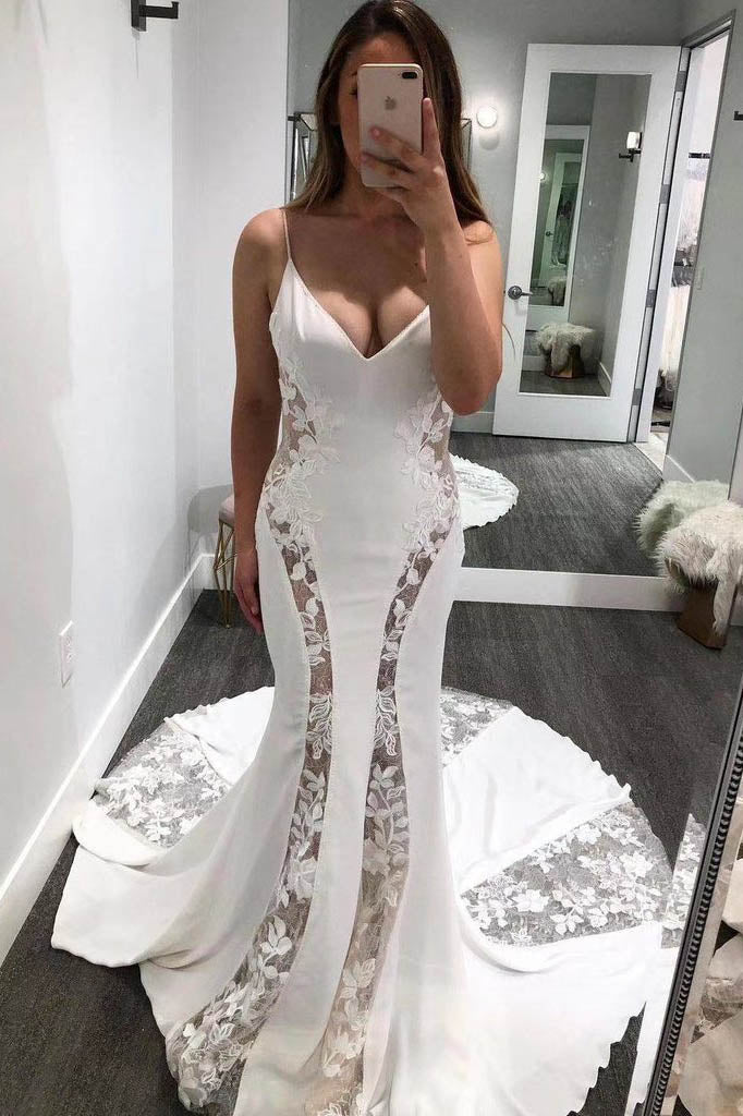 Unique Spaghetti Straps Mermaid V-neck Satin Wedding Dresses with Lace PW532