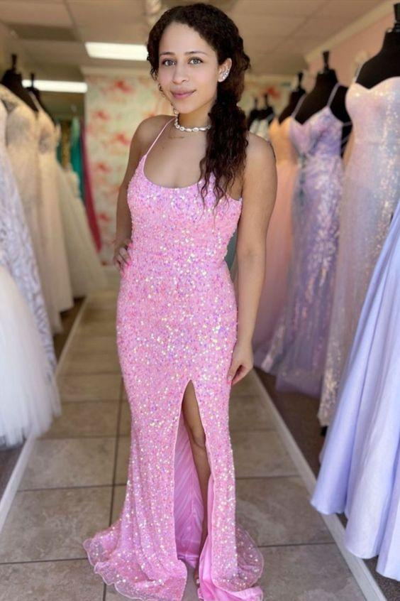 new sparkly spaghetti straps mermaid prom dress slit pink evening gown