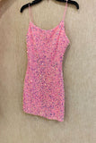 Spaghetti Straps Pink Sequins Short Homecoming Dress, Sparkly Mini Boydcon Party Dress GM495