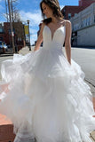 Spaghetti Straps Princess Wedding Dress White Sleeveless Tired Bridal Gown PW461