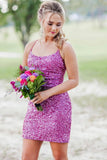 Hot Pink Sparkly Bodycon Party Dress Spaghetti Straps Sequin Homecoming Dresses GM503