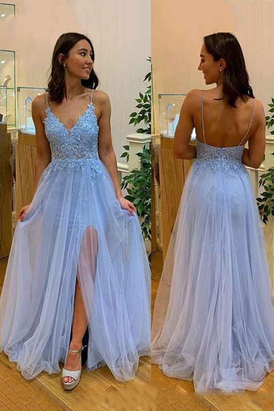 Spaghetti Straps V-neck Lace Tulle Sky Blue Long Prom Dresses