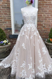 Spaghetti Straps V-neck Tulle Lace Applique Long Wedding Dress With Train PW503
