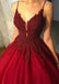 spaghetti v neck burgundy long prom dress ball gown with beading