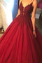 Spaghetti V-neck Burgundy Long Prom Dress Ball Gown With Beading MP332
