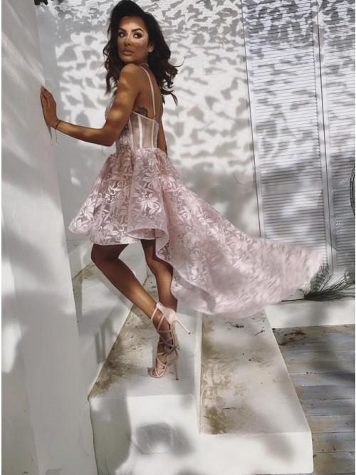 spaghetti straps hi low asymmetry lace homecoming dress