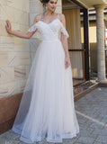 spaghetti straps lace dropped sleeves flowy backless tulle beach wedding dress pw265