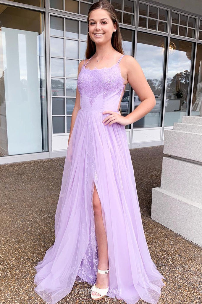 spaghetti straps tulle lilac prom dress backless school dance dress