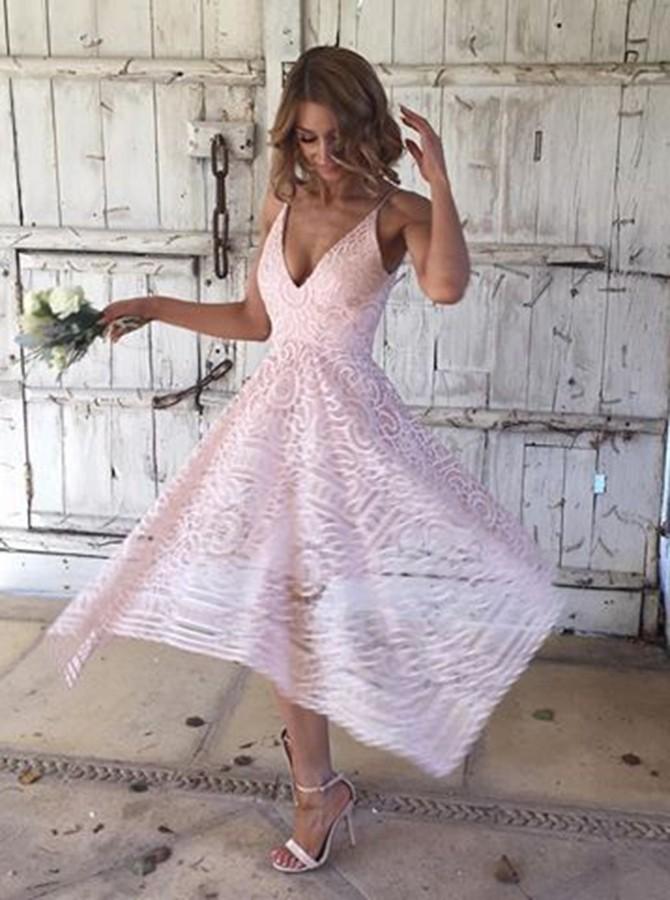 spaghetti straps v neck asymmetrical lace short pink bridesmaid dresses pb165