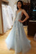 spaghetti straps v neck open back tulle long prom dress with lace applique