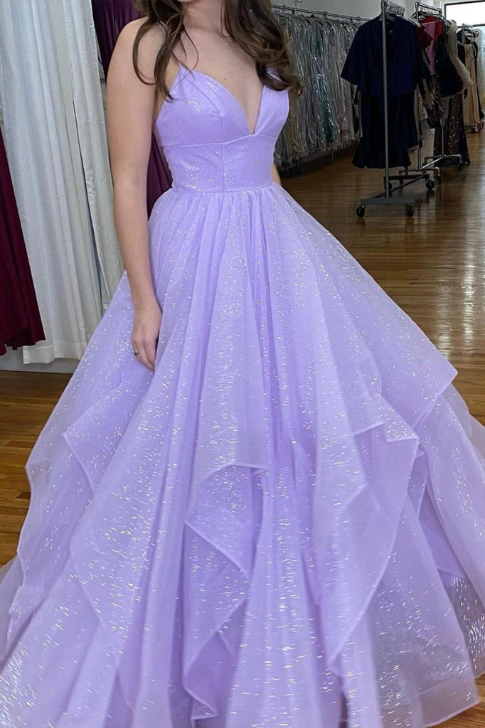 sparkle lavender tiered long prom dresses shiny long graduation gown