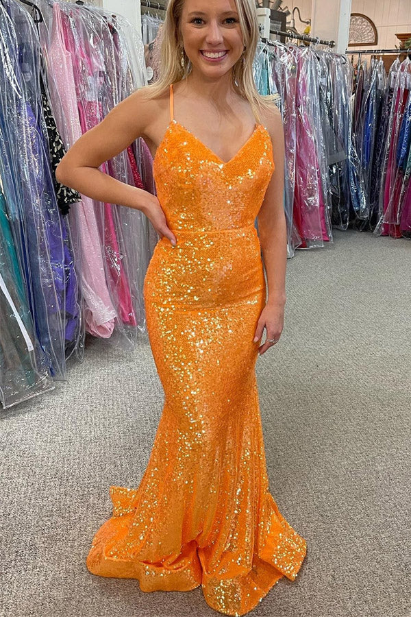 sparkle orange sequined mermaid long prom dresses long evening gown