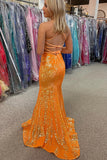 sparkle orange sequined mermaid long prom dresses long evening gown