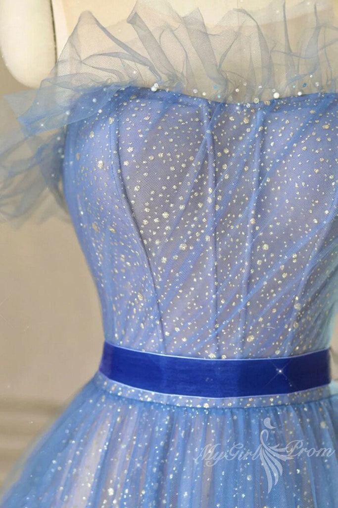 a line tulle blue long prom dresses blue tulle formal dresses