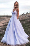 sparkly a line lavender long prom dress backless formal gown with pockets