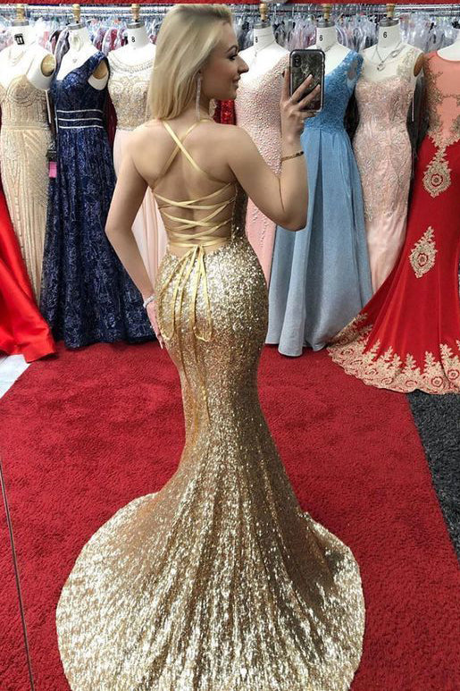 Sparkly Gold Sequins Long Backless Prom Dress, Mermaid Slit Evening Gown GP334