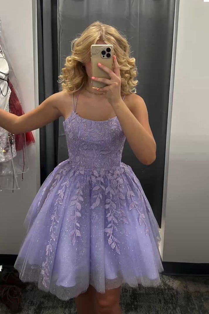 Sparkly Lavender Short Homecoming Dress Sleeveless Lace Applique Party Dress With Tie Back GM602
