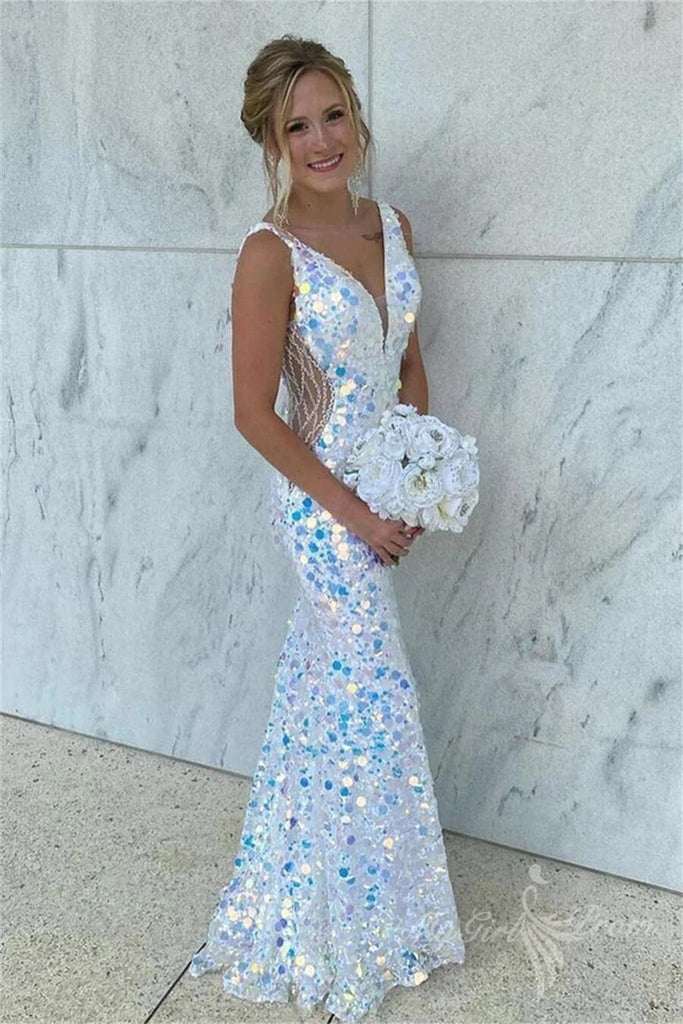 sparkly mermaid v neck long prom dresses formal dresses with sequins