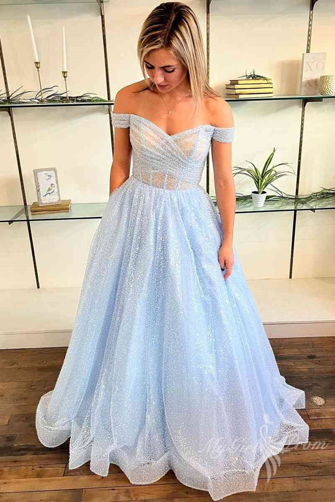 sparkly off the shoulder light blue long prom dresses a line graduation gown