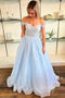 Sparkly Off-the-Shoulder Light Blue Long Prom Dresses, A-line Graduation Gown GP456
