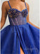 sparkly royal blue tulle a line spaghetti straps prom dress slit evening dress
