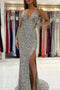 Sparkly V-Neck Mermaid Silver Prom dresses, Spaghetti Strap Evening Dress GP254