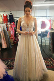 sparkly a line deep v neck floor length tulle backless prom dress