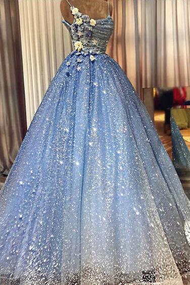 sparkly blue prom dress a line sequin formal gown with 3d appliques