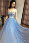 Sparkly Blue Prom Dress A-Line Sequin Formal Gown With 3D Appliques GP42