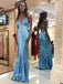 sparkly blue v neck sequins mermaid prom dress backless evening gown