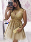 Sparkly Gold Lace Homecoming Dress, Short Prom Dress with Appliques MP1034