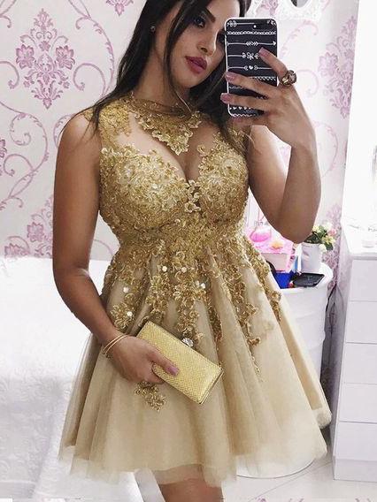 sparkly gold lace homecoming dress short prom dress with appliques