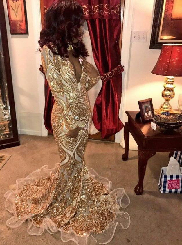 sparkly long sleeves gold prom dress mermaid sequins evening dress
