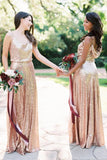 Sparkly Spaghetti Straps Cowl Back Rose Gold Sequin Bridesmaid Dresses PB170