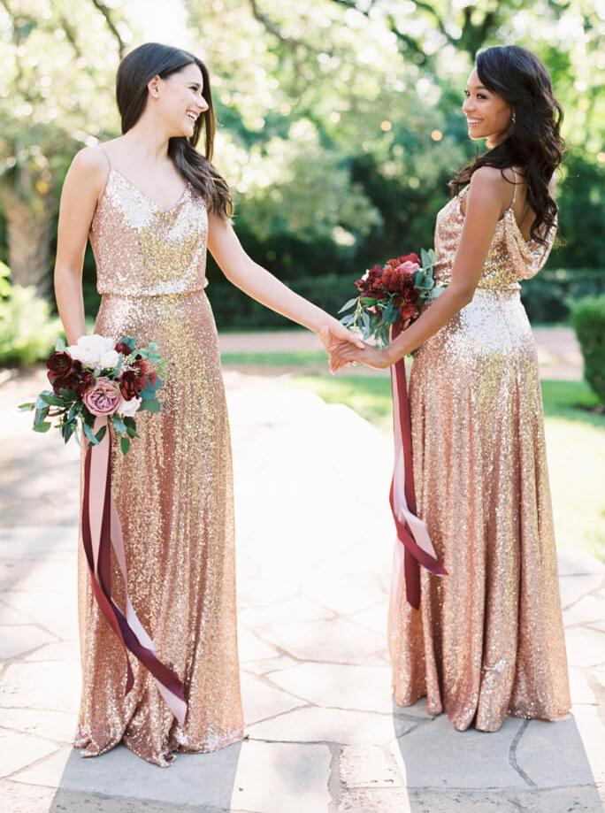 sparkly spaghetti straps cowl cross back rose gold sequin bridesmaid dresses