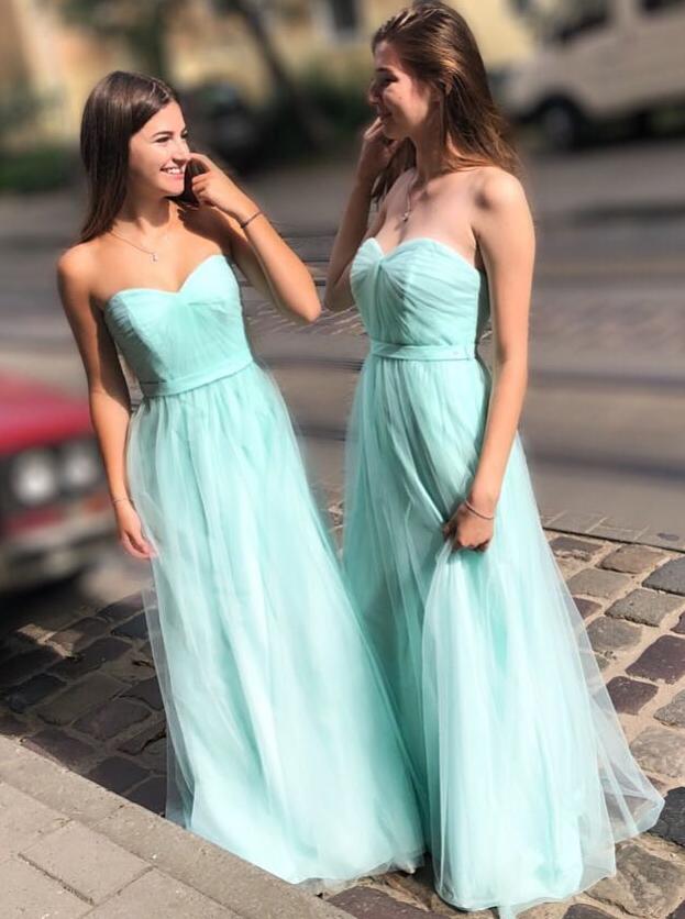 spring mint green sweetheart tulle long bridesmaid dresses