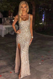 square neck sequined slit maxi evening dress long prom dresses