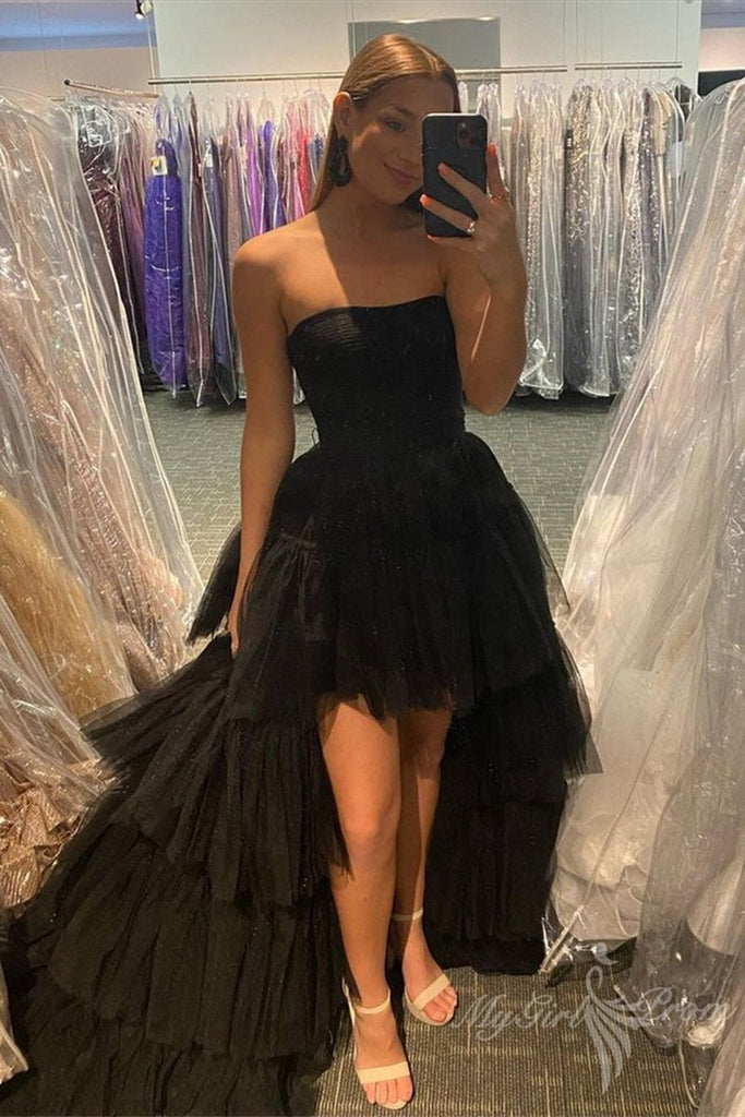 strapless black high low tulle prom dress formal evening gown with layered