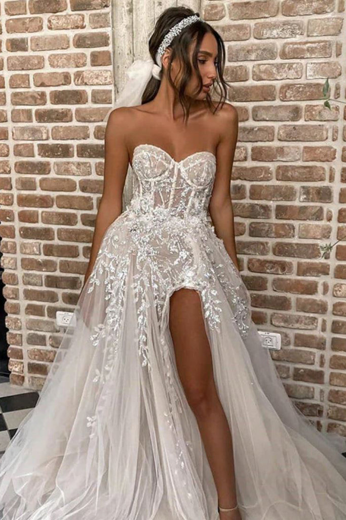 elegant strapless high split tulle beach wedding dress with sparkle applique