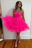 sweetheart hot pink tulle short prom dress cute graduation sweet 16 dress