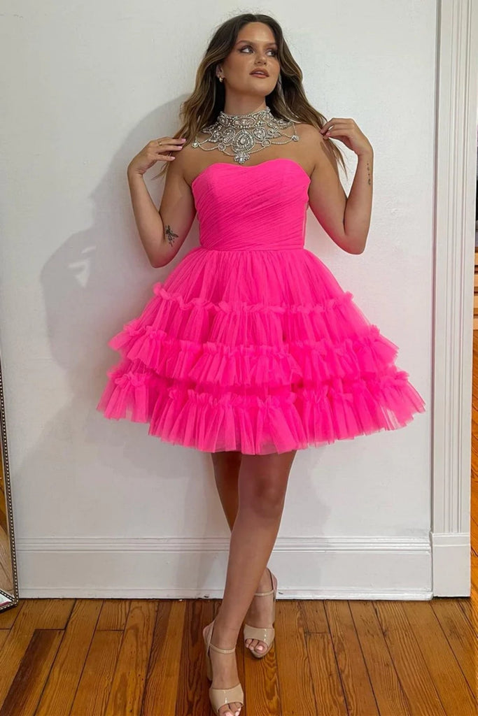 sweetheart hot pink tulle short prom dress cute graduation sweet 16 dress